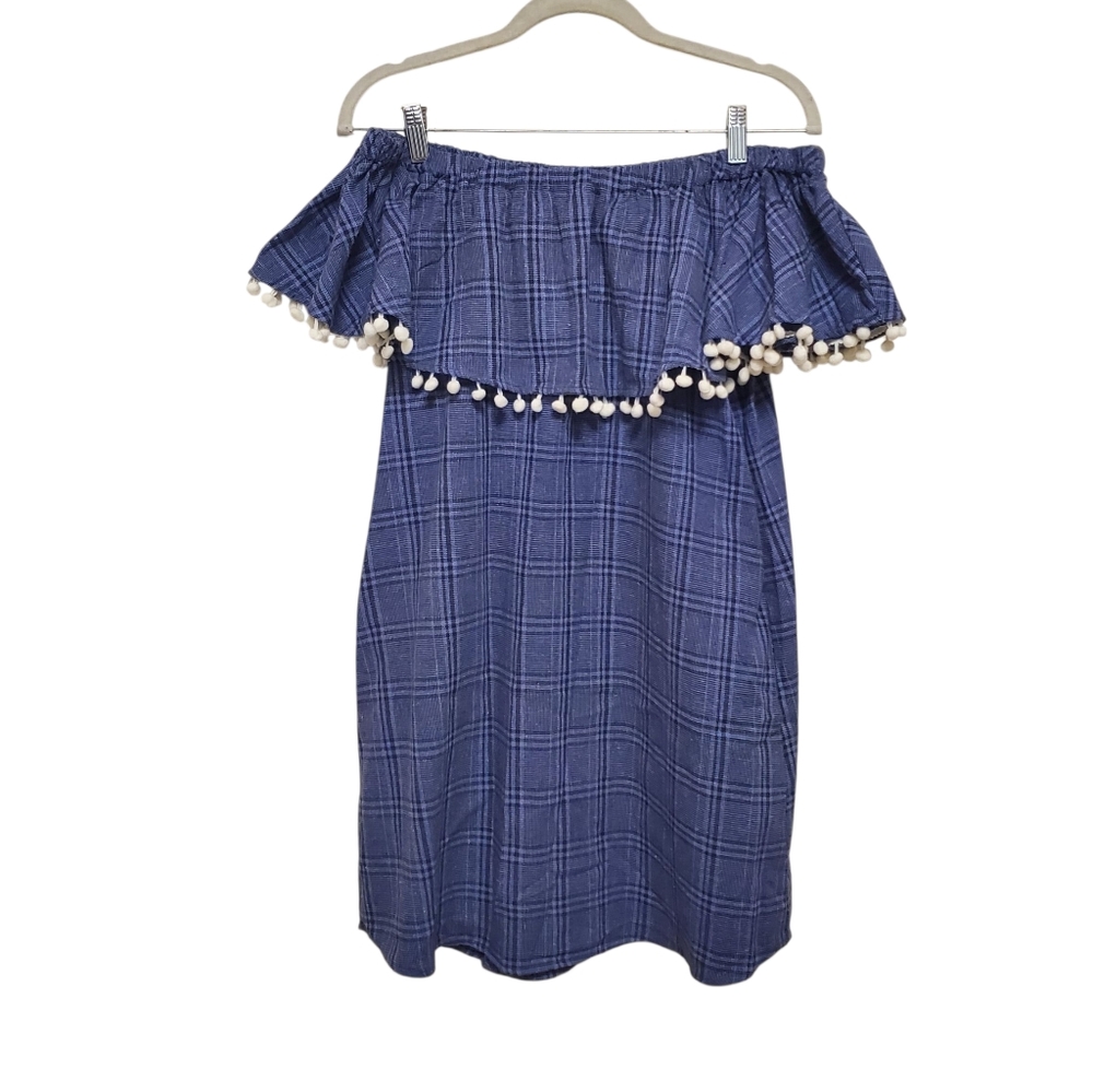 Umgee Plaid Cotton Pom Pom Dress Off Shoulder with Pockets